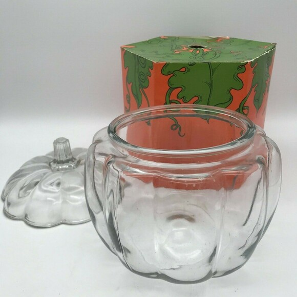 Vintage Clear Glass Halloween Pumpkin Candy Cookie Jar with  Original Box Fall - Picture 7 of 10